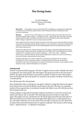 PDF Document Cover - The Giving Game: Stabilization and Computational Complexity Analysis