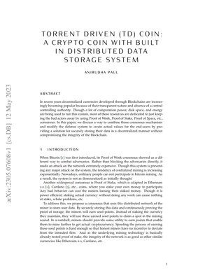 PDF Document Cover - Torrent Driven (TD) Coin: A Cryptocurrency with Built-in Distributed Data Storage System